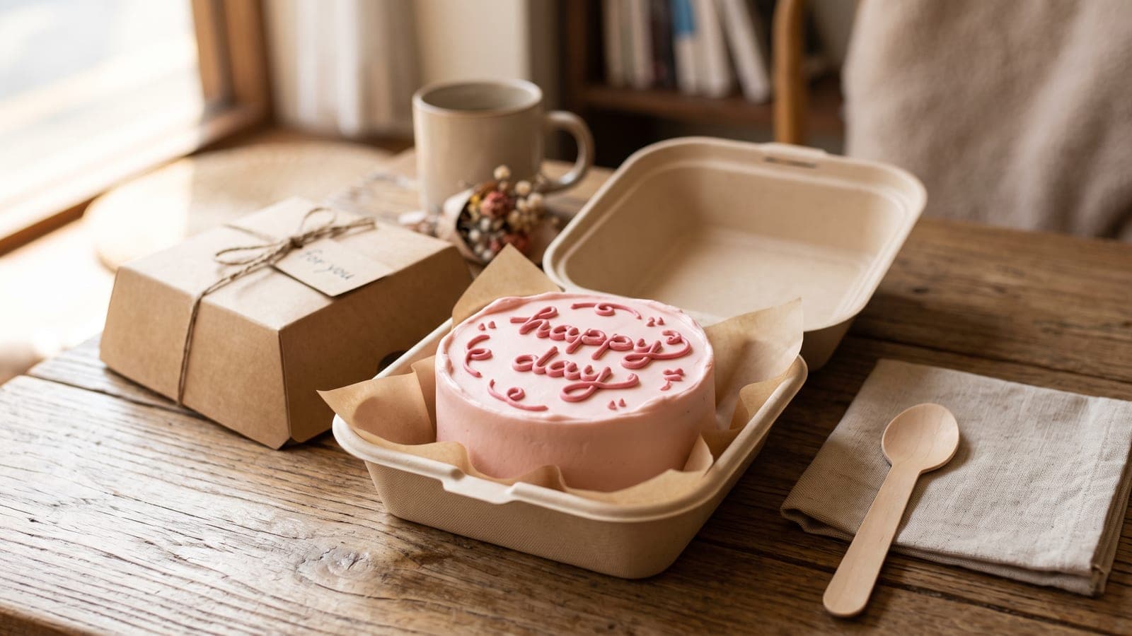 Bento cake rozë me mesazh kremi në kuti kartoni — torta personale trend