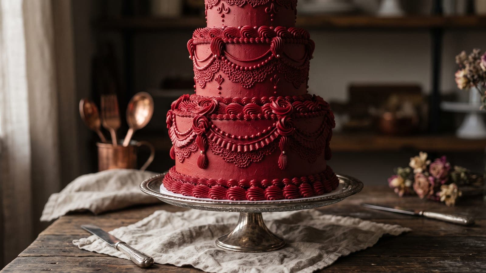 Tortë vintage me dantella kremi në ngjyrë vishnje — trendi retro i tortave 2026