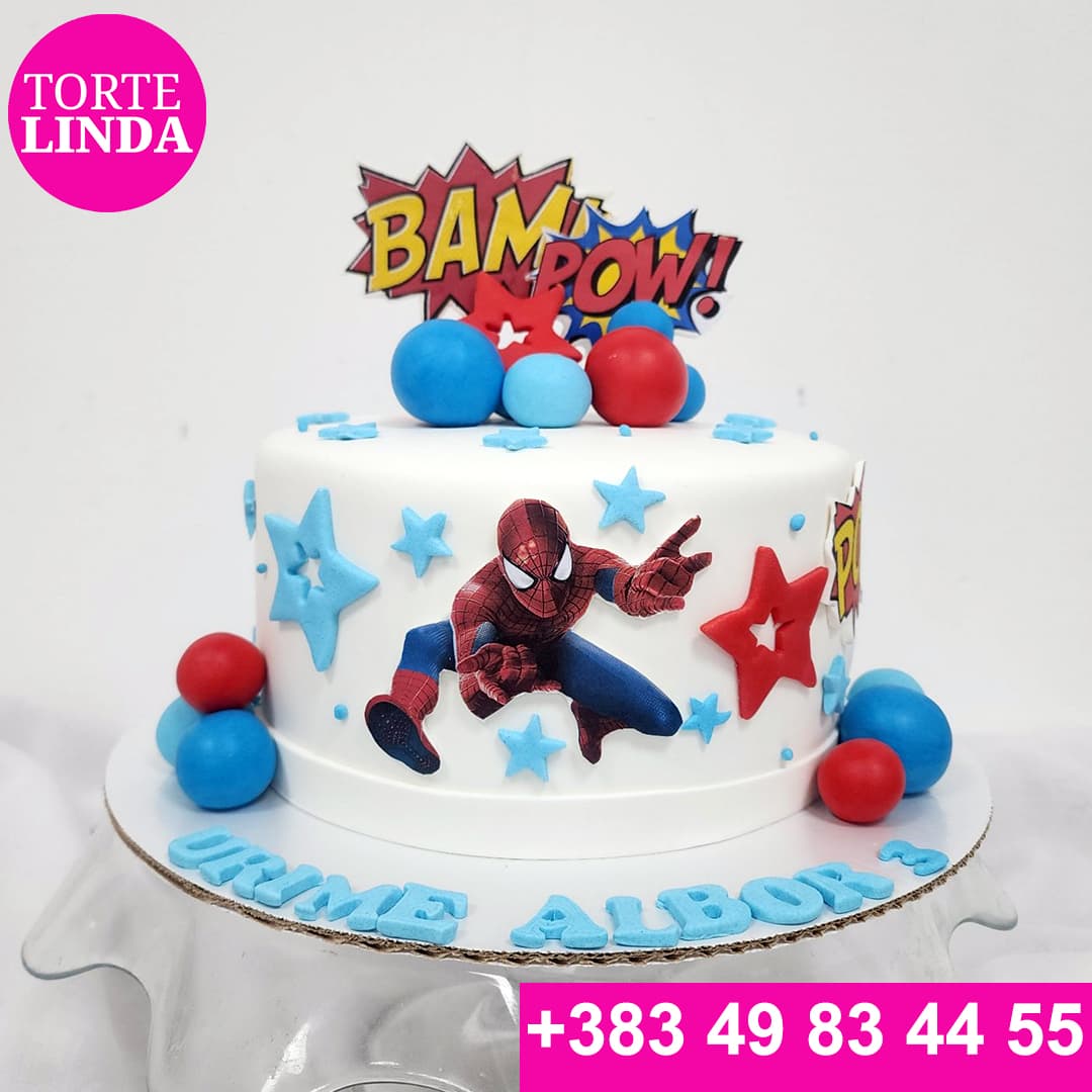 Tortë e bardhë Spiderman me yje dhe topa blu e të kuq nga Tortelinda