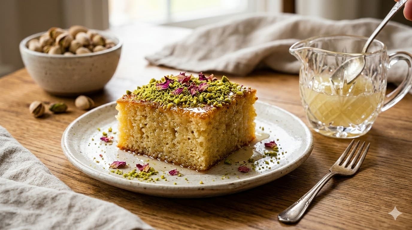 Revani e shijshme dhe e njomur, e servirur me sherbet aromatik dhe rrathë limoni